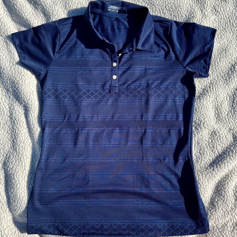Nike Golf Dri-FIT Polo Shirt Womens Medium Navy Blue Geometric Pattern Sport EUC